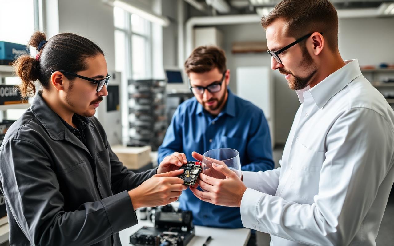 Engineers in the BrightLab examining a circuit board prototype