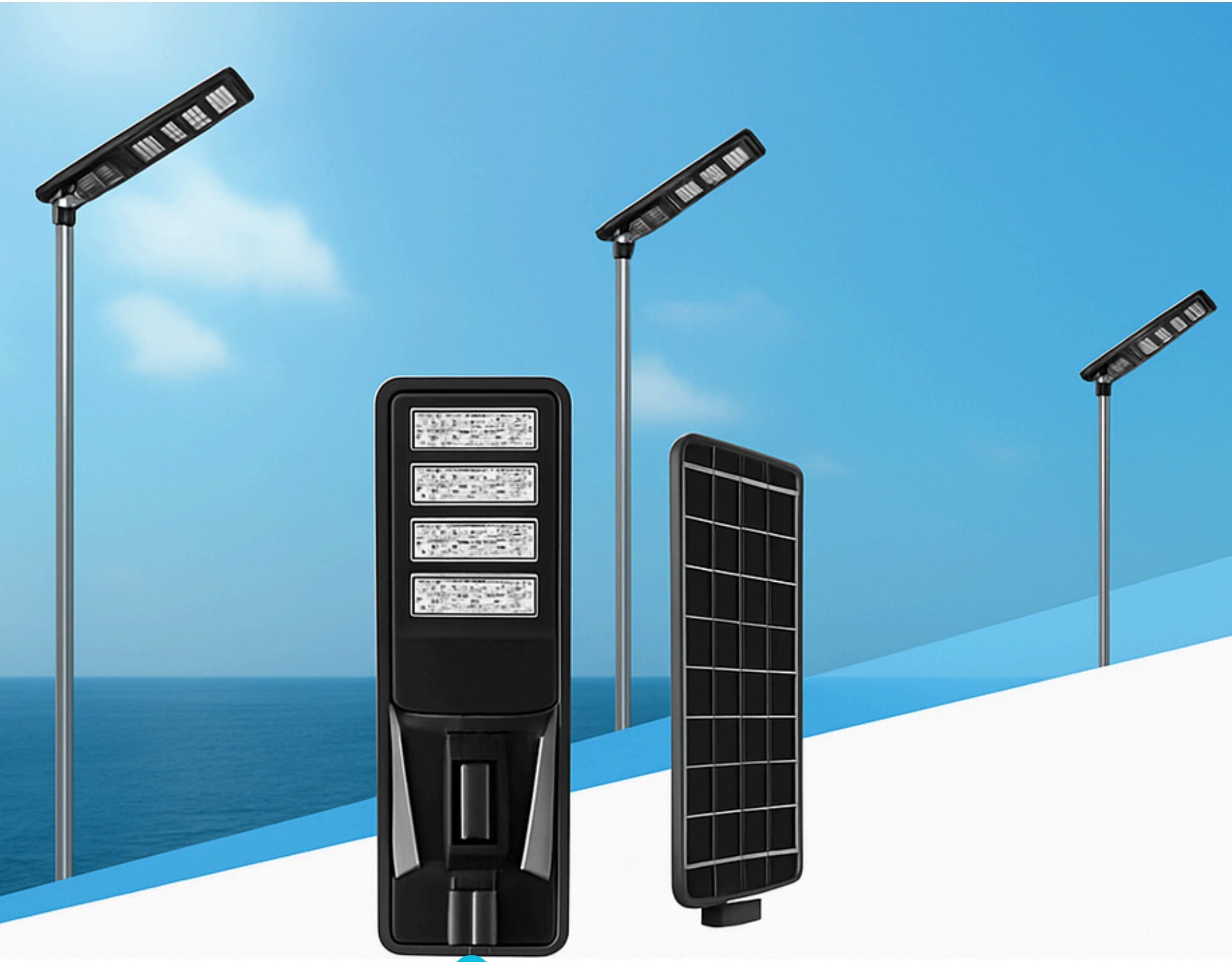 A modern LED smart streetlight against deep blue sky
